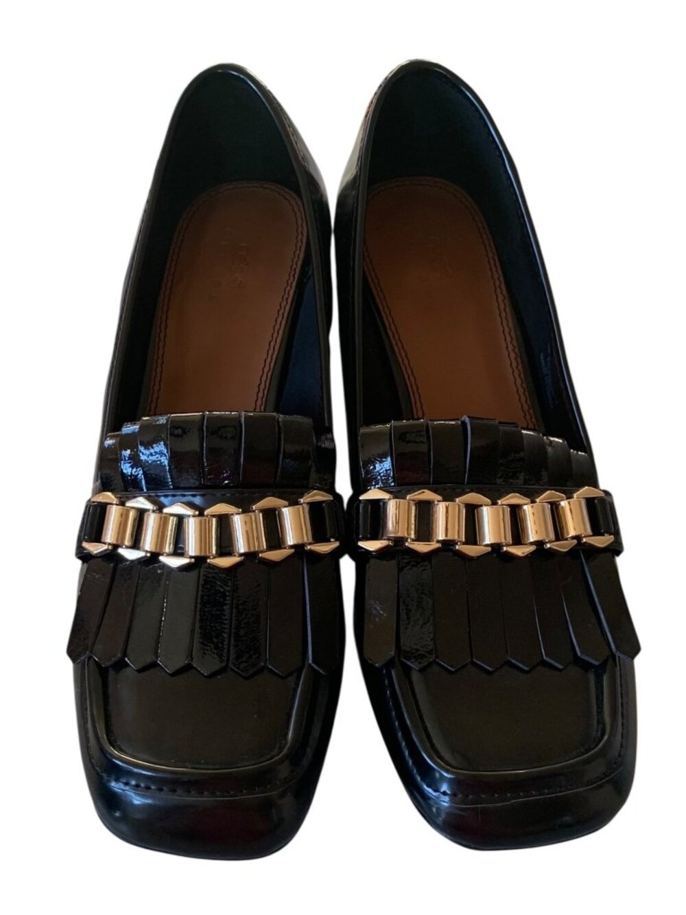 ASOS DESIGN Black Faux Patent Leather Spencer Mid-Heeled Chain Loafers Size 10 - Picture 5 of 9